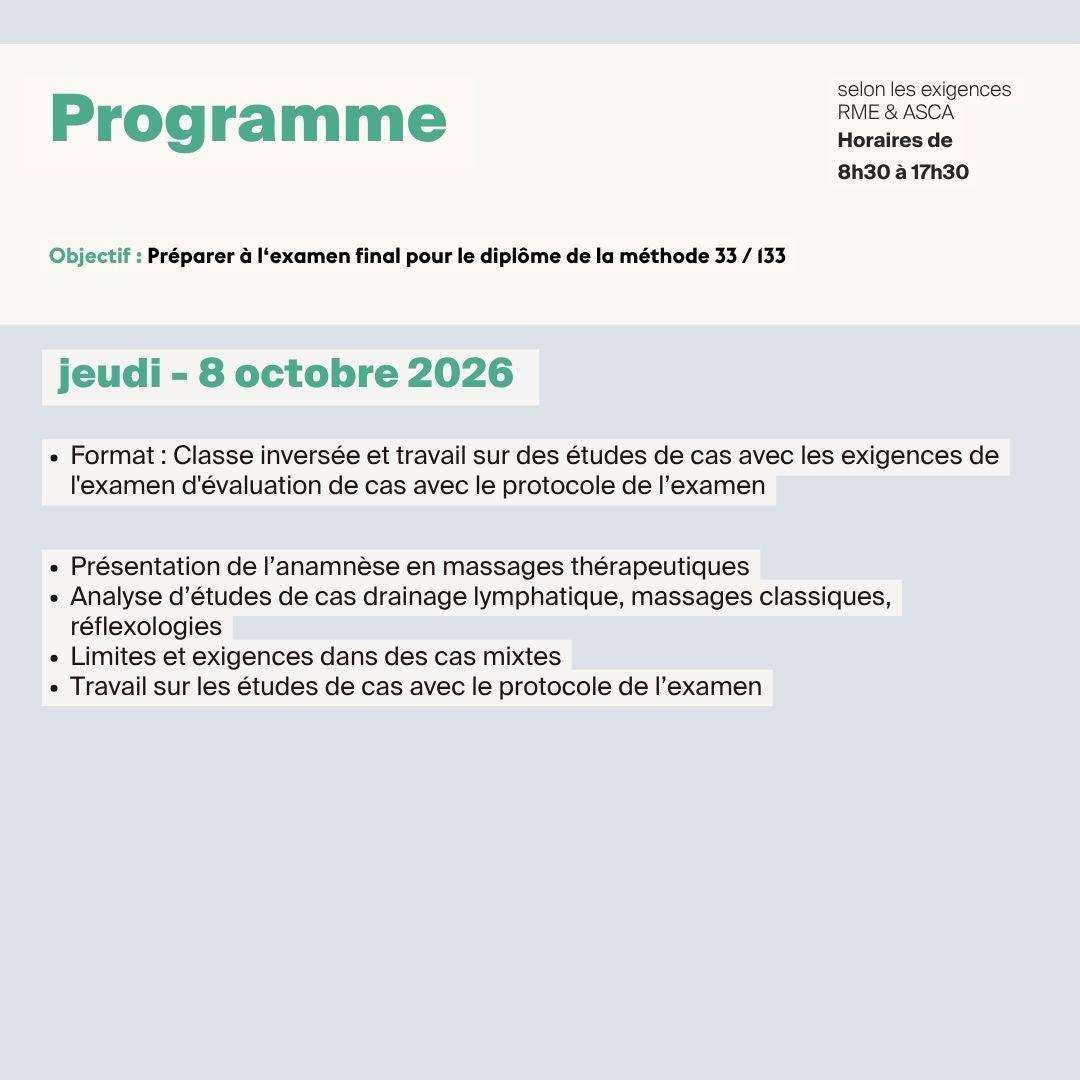 Cours préparatoire pour l'examen Méthode 33 • 133 massages thérapeutiques - 1 jour