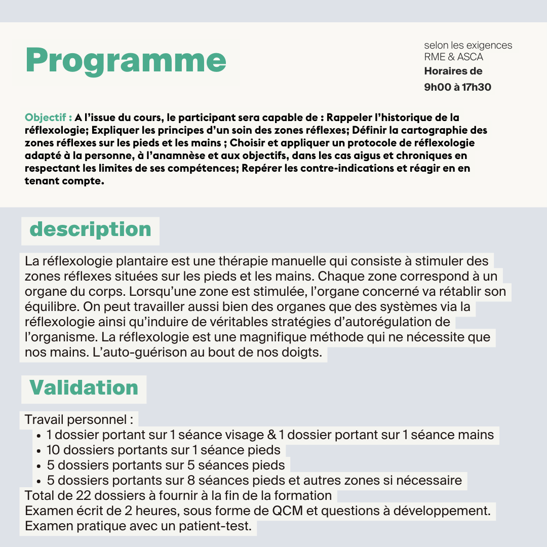 Réflexologie  plantaire • ASCA méthode 218 et RME méthode 81 - 17 jours